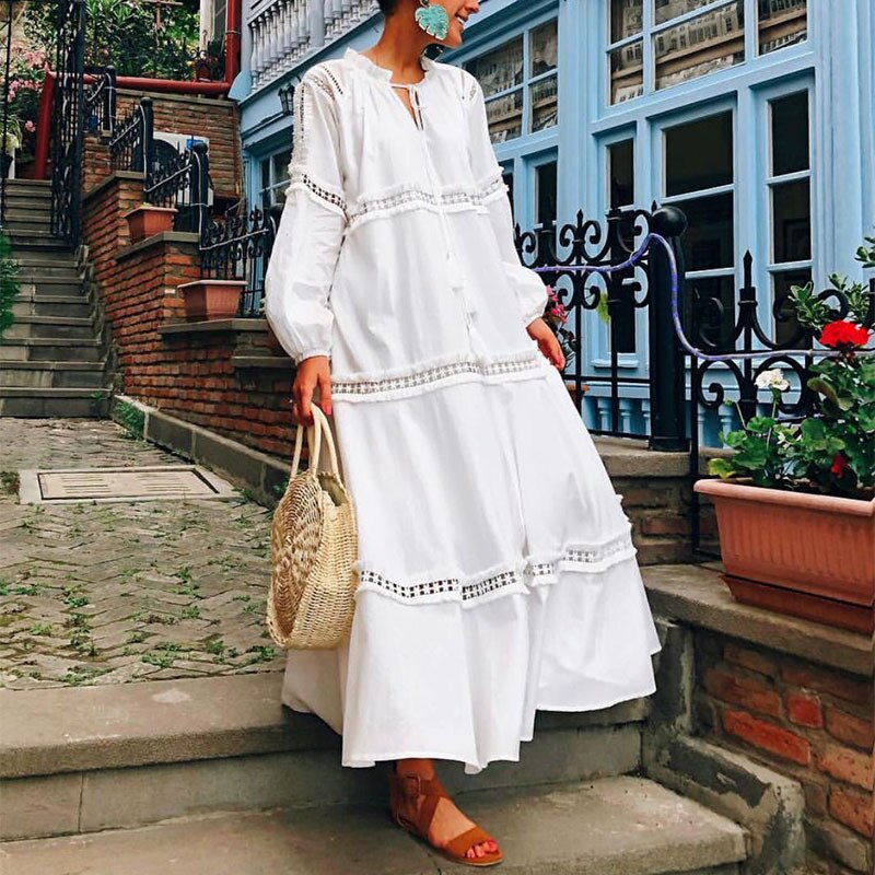 Boho Beach Loose Long Dress Female White Lantern Long Sleeve Hollow Out Lace Shirt Dresses Women Bohemian Oversized Dress alx