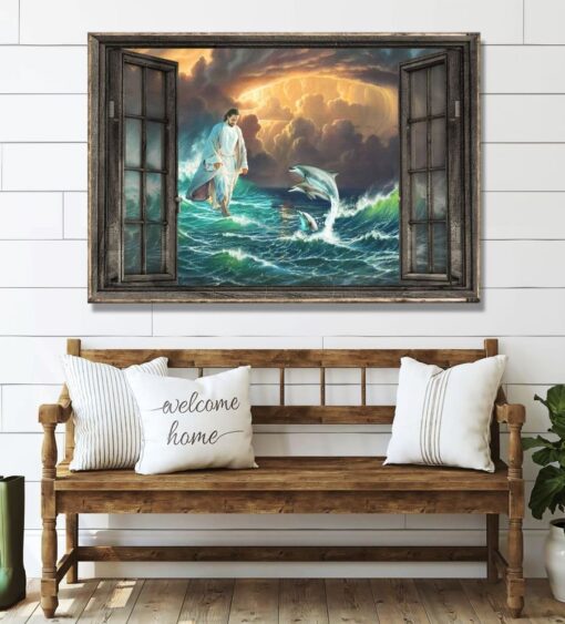 Jesus God And Beautiful Dolphin Horizontal Poster Canvas For Home Decoration