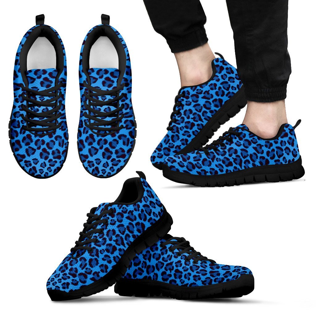 Blue Cheetah Leopard Pattern Print Black Sneaker Shoes For Men Women