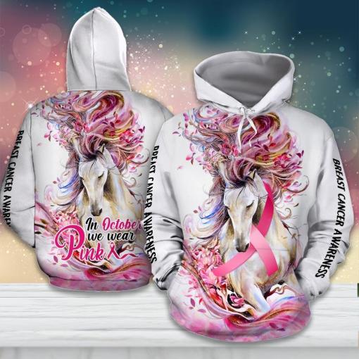 Breast Cancer Awareness In October We Wear Pink Rainbow Horse And Flower Breast Cancer 3D Clothes