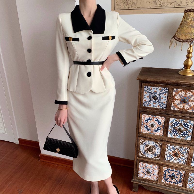 A Line Bodycon Skirts Long Korean Fashion Suits Long Sleeve Blazer Woolen Jacket 2 Piece Sets Womens Outfits Shirts alx