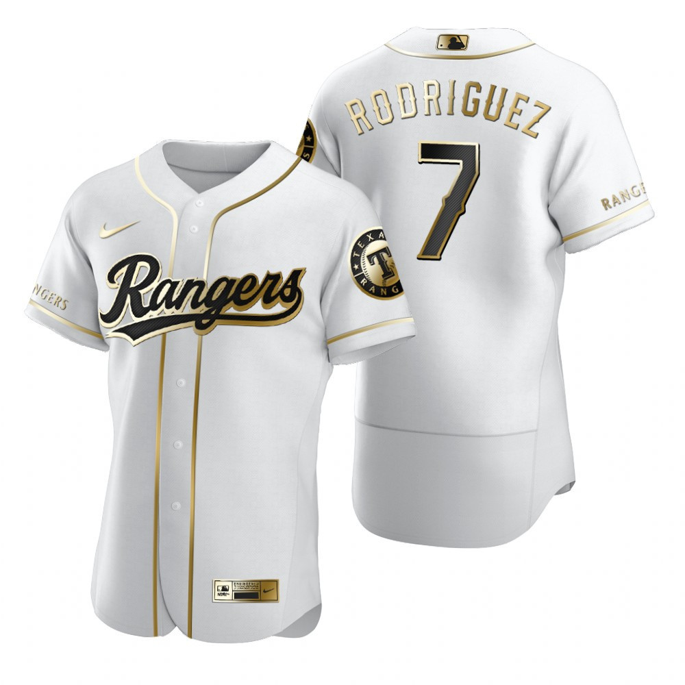 Texas Rangers #7 Ivan Rodriguez MLB Golden Brandedition White Jersey Gift For Rangers Fans