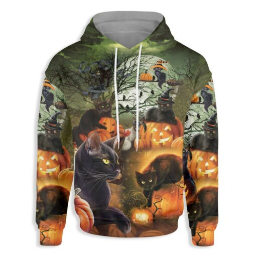 Black Cat & The Pumpkin Skull Halloween All Over Print Hoodie For Men & Women, Spooky Halloween Hoodie