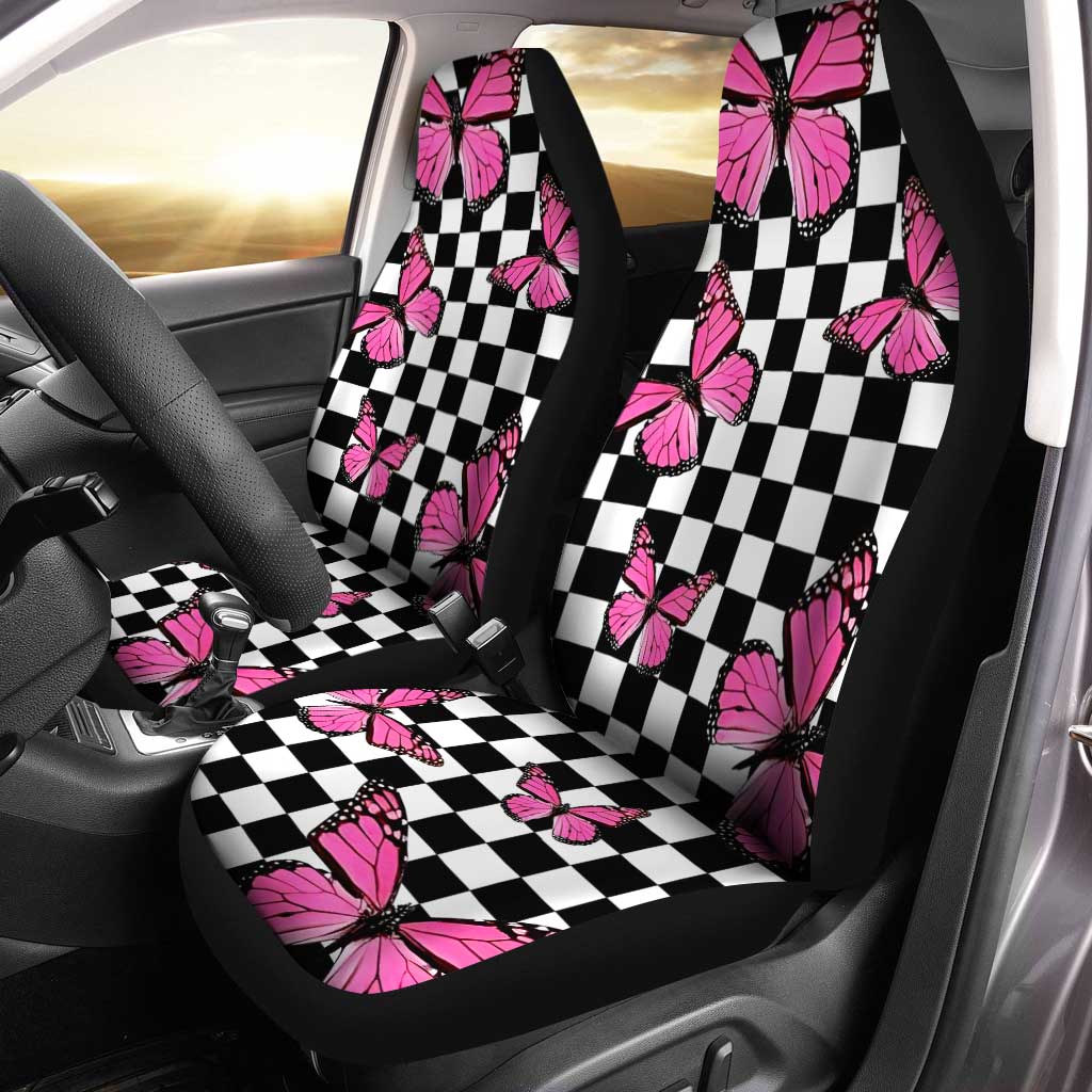 Pink Butterfly Car Seat Covers Custom Checkered Pattern