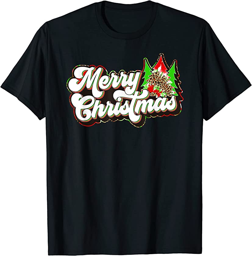 Retro Merry Christmas Glam Leopard Red Green Christmas Trees T-Shirt