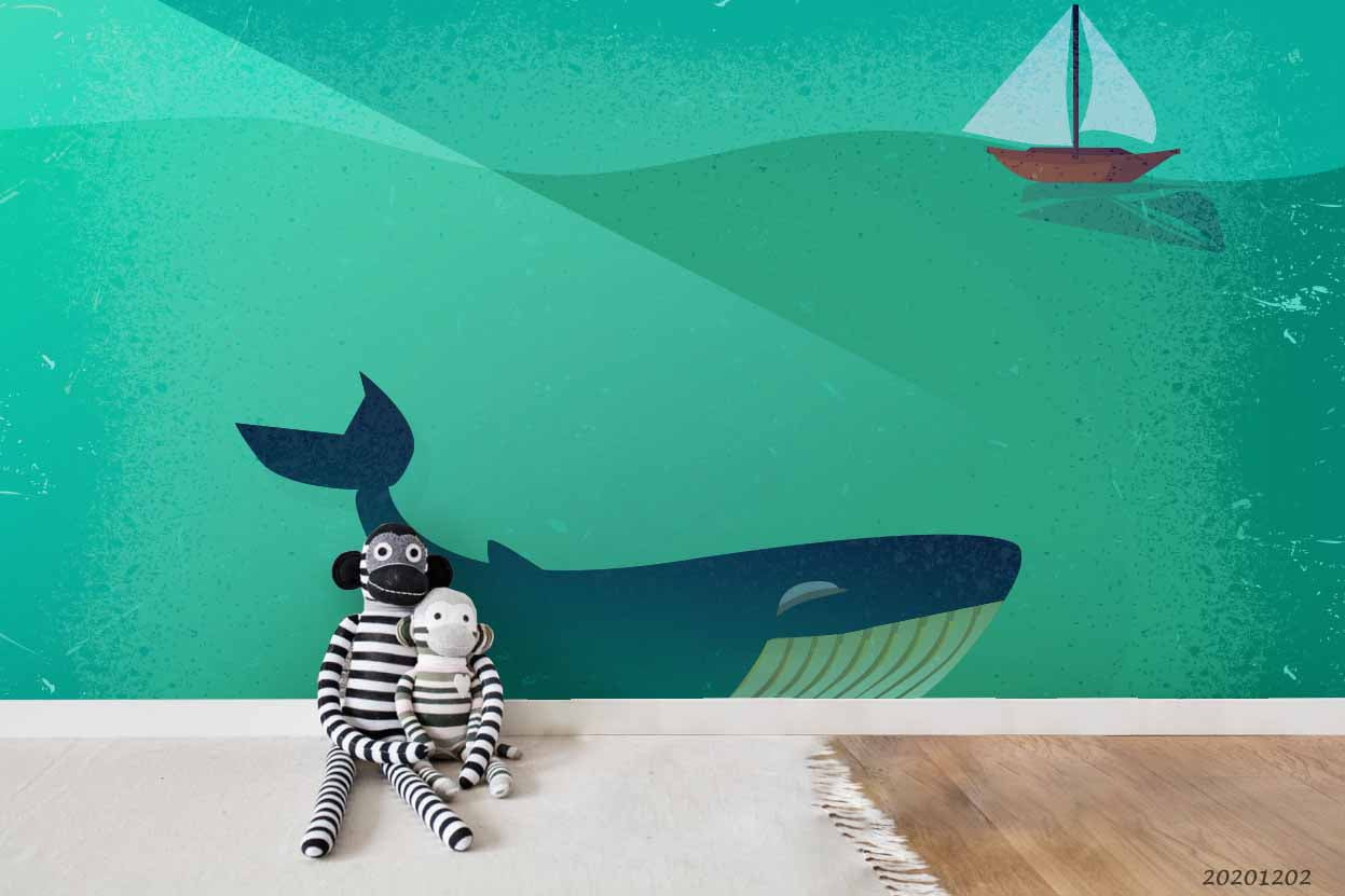 3D Hand Drawn Cartoon Blue Whale Sailboat Wall Mural Wallpaper Lxl