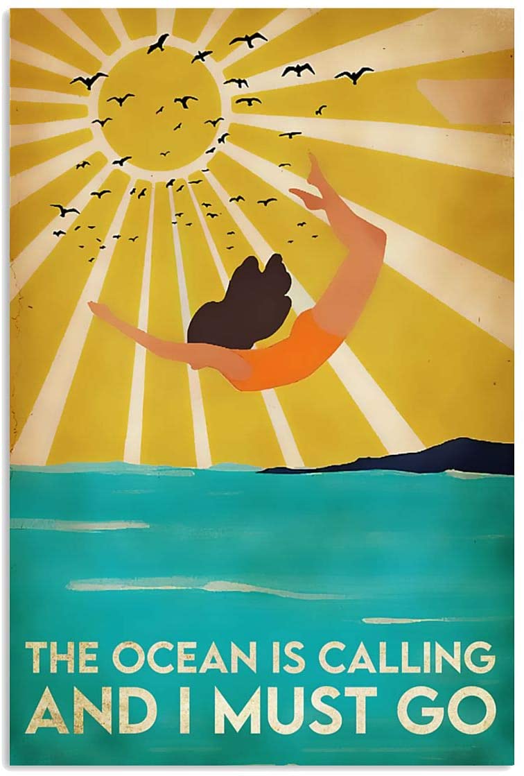 Vintage Swimming The Ocean Is Calling And I Must Go Poster Art Print      Home Decor Gift For Men Women Family Friend On Birthday Xmas