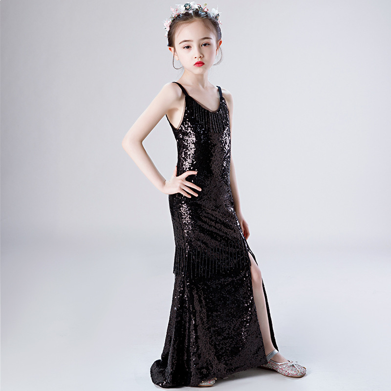 Big Kids Black Party Dresses 2021 Sleeveless Evening Elegant Teen Girls Prom V-Neck Off Shoulder Sexy Dress Child 3 To 6 14 Year alx