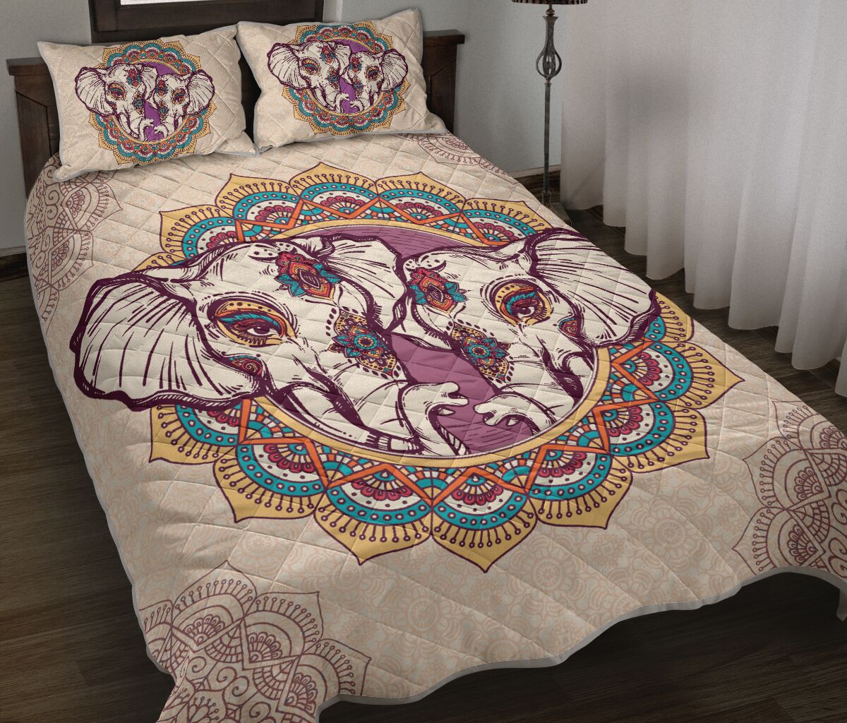 Elephants Couple Mandala Color Quilt Bedding Set Bedroom Decoration Twin/Queen/King Size Bedding