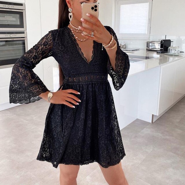 2021 Spring Women Sexy Crochet Lace V-Neck Party Dress Elegant Flare Sleeve Chiffon Mini Dresses Ladies Fashion Hollow Out Dress alx