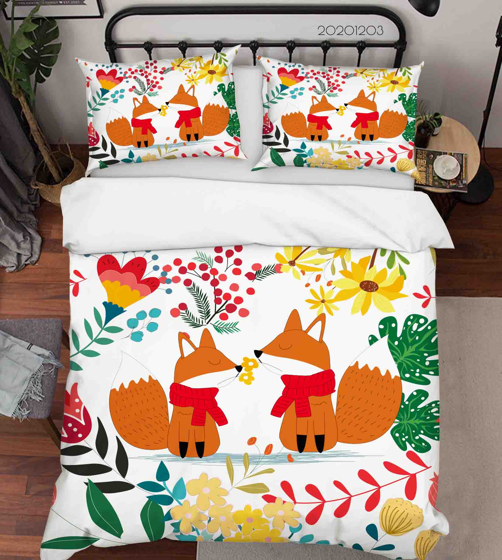 3D Cartoon Hand Drawn Colorful Floral Plant Fox Animal Quilt Cover Set Bedding Set Duvet Cover Pillowcases Lxl