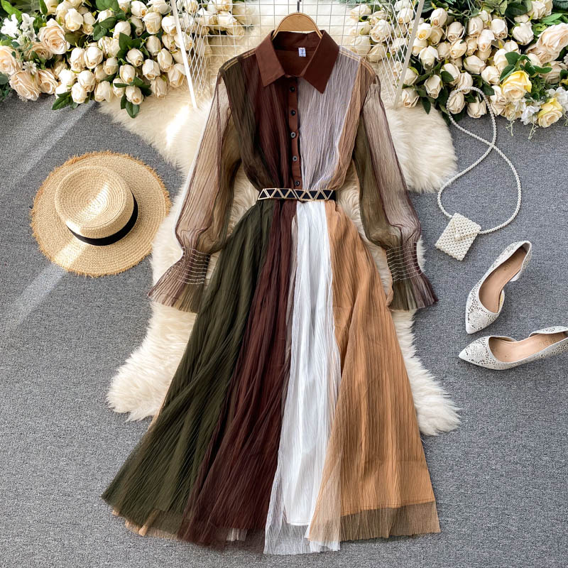 Women Design Splice Mesh Dress Retro Turn-down Collar Puff Sleeve Button A-line Dress Autumn Fashion Streetwear Dress alx