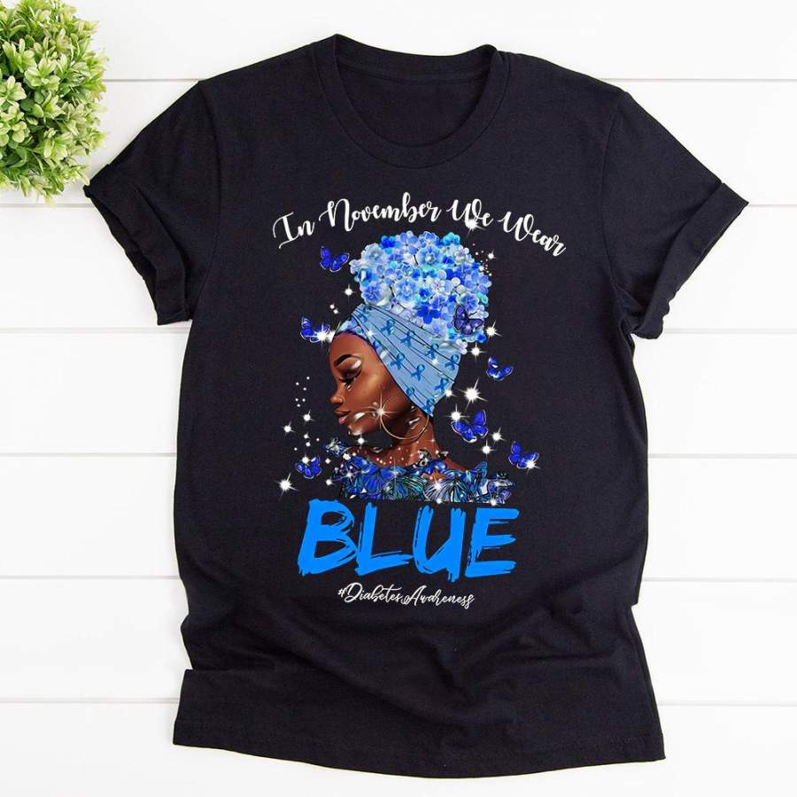 Afro black queen daisy in november we wear blue diabetes awareness black cotton t shirt for men and women s-6xl