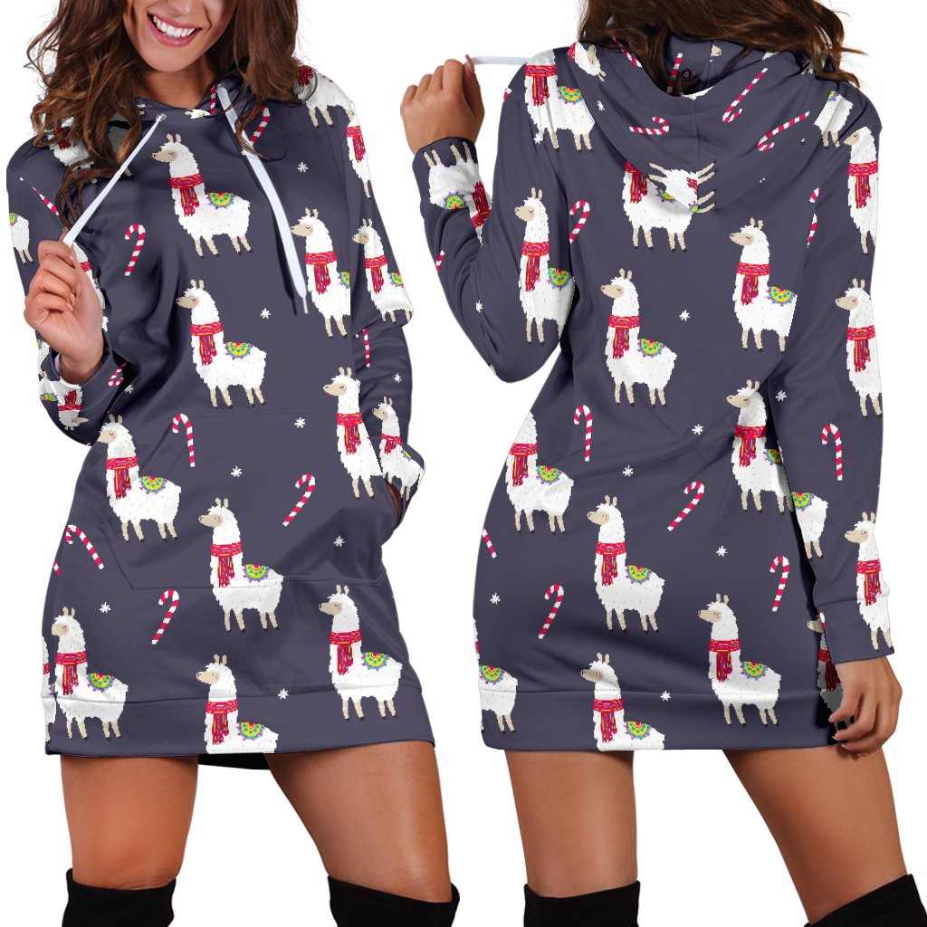 Llama With Candy Cane Themed Print Women Hoodie Dress