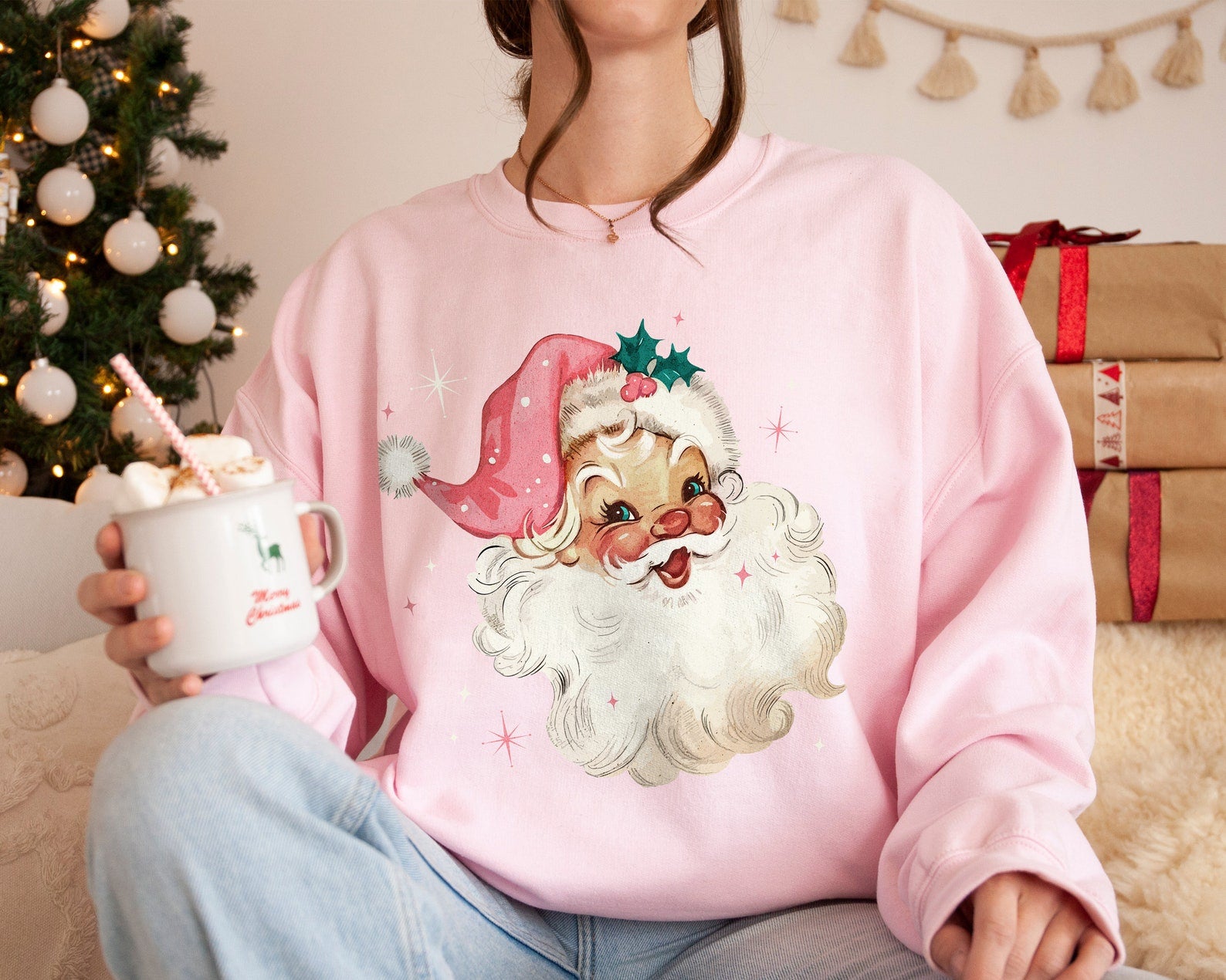 Retro Pink Santa Christmas Sweatshirt 2D Crewneck Sweatshirt All Over Print Sweatshirt For Women Sweatshirt For Men Sws4556