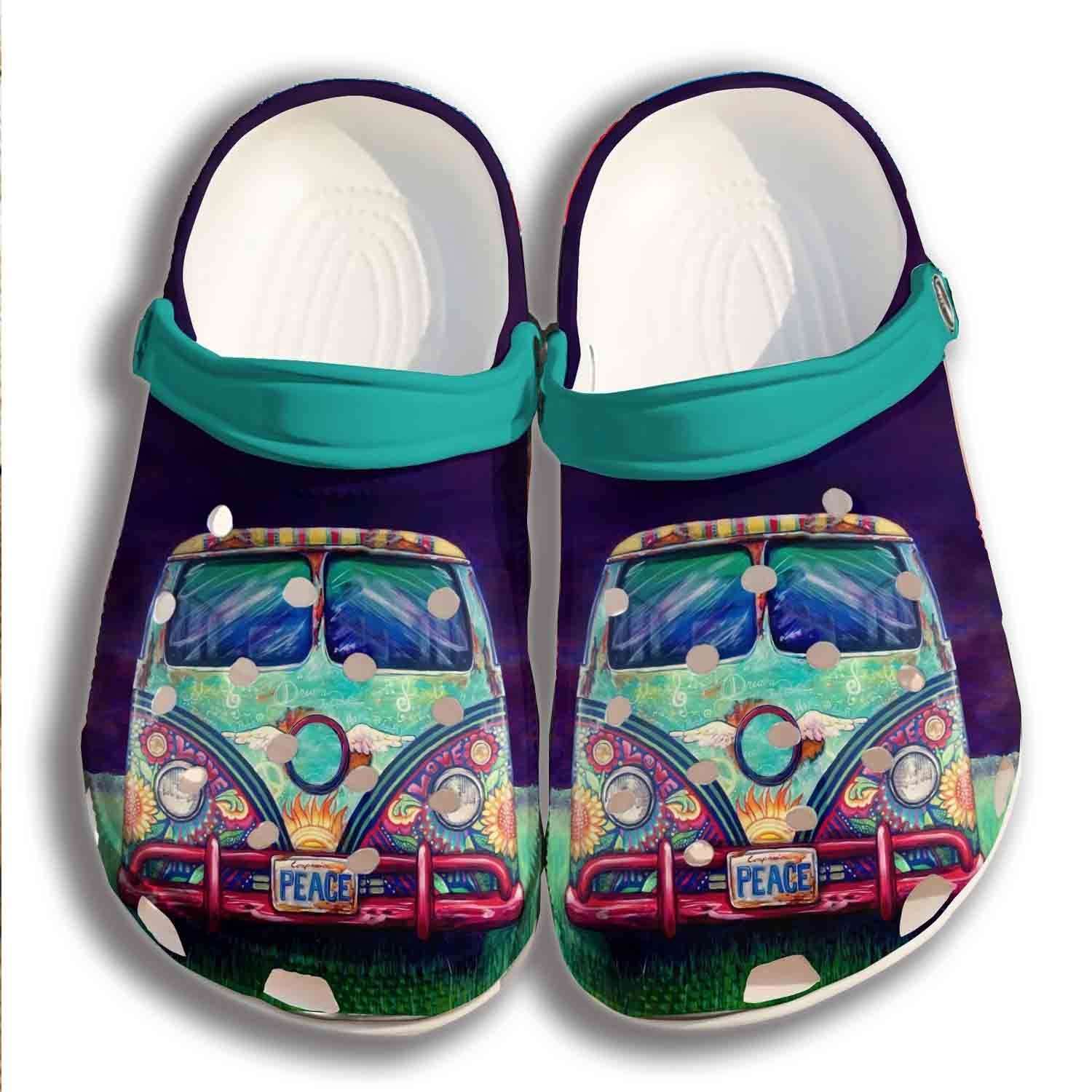 Hippie Peace Car Crocs Shoes Clogs- Bus Peace Crocs Shoes Clogs Gifts For Son Daughter