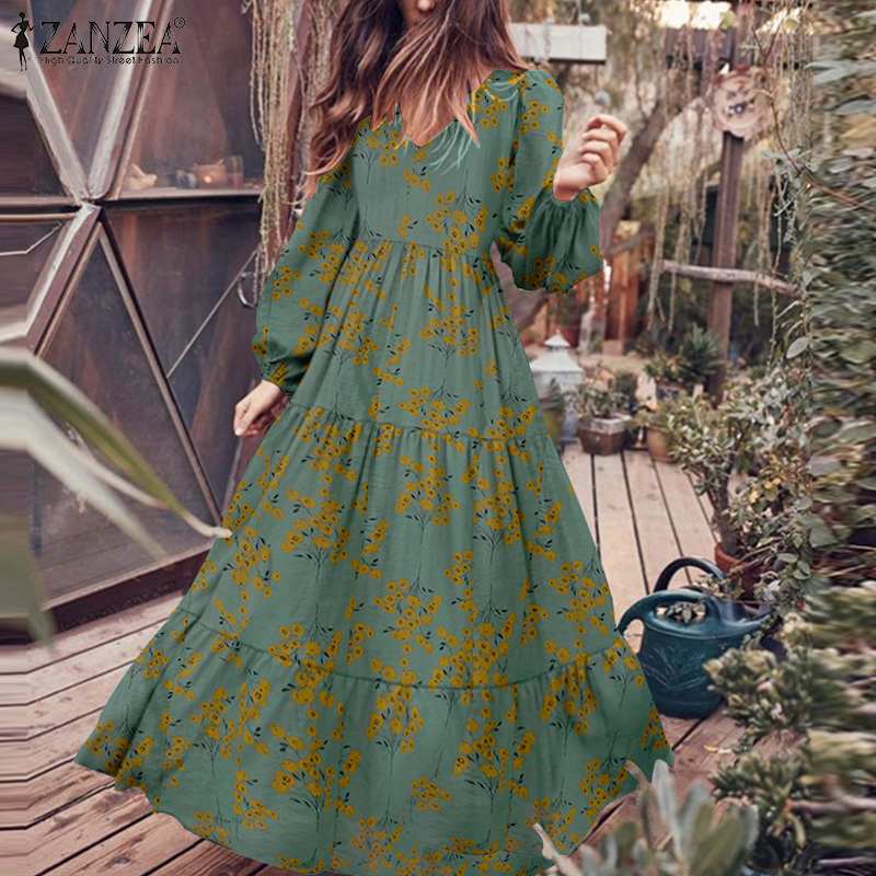 Women’s Fashion Autumn Maxi Dress Vintage Floral Printed Vestidos Female V Neck Puff Sleeves Robe ZANZEA Casual Cotton Sundress alx