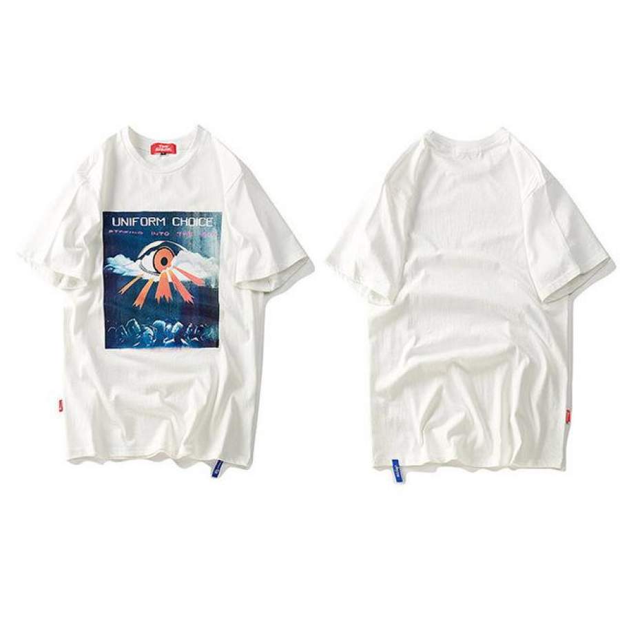 Big Sun Eye Print Loose Hip Hop T Shirts Summer Fashion Short Sleeve T shirt Street wear Casual Cotton Tee Yellow