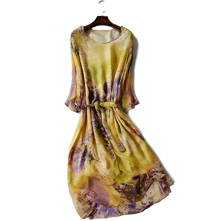 Women Summer Silk Dress O neck plus size Vintage Natural silk dresses Floral Elegant Dress Casual holiday real silk dress alx