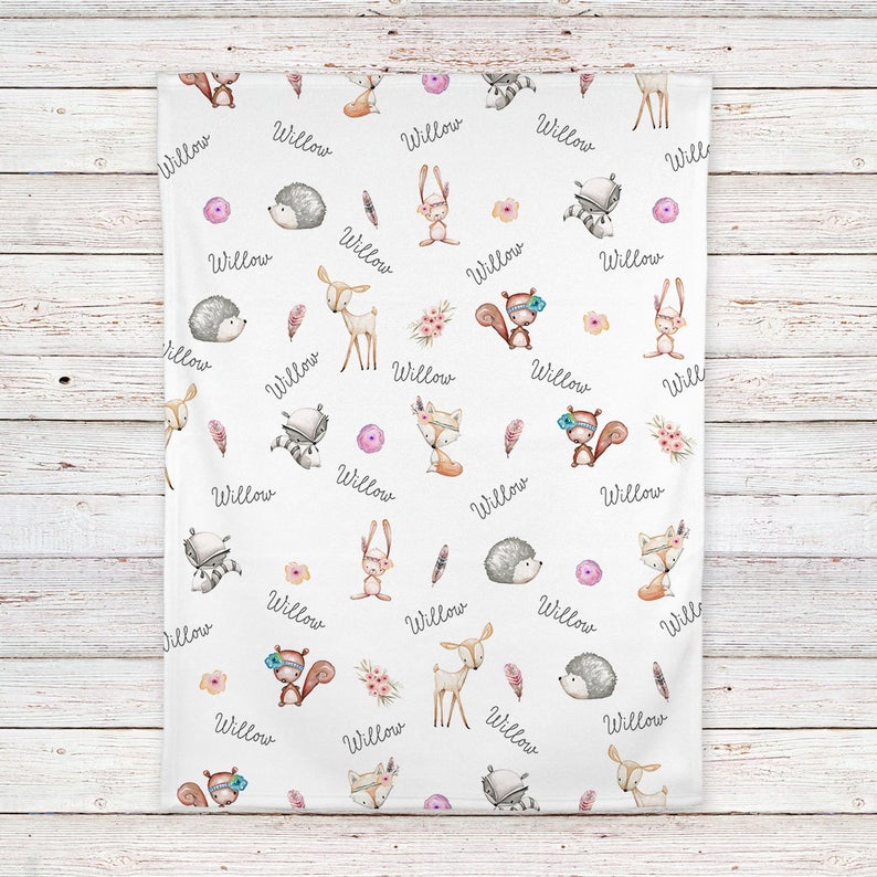 Woodland Animals Baby Blanket Gift, Personalized Baby Blanket Gift, Toddler Blanket, Baby Shower Gift