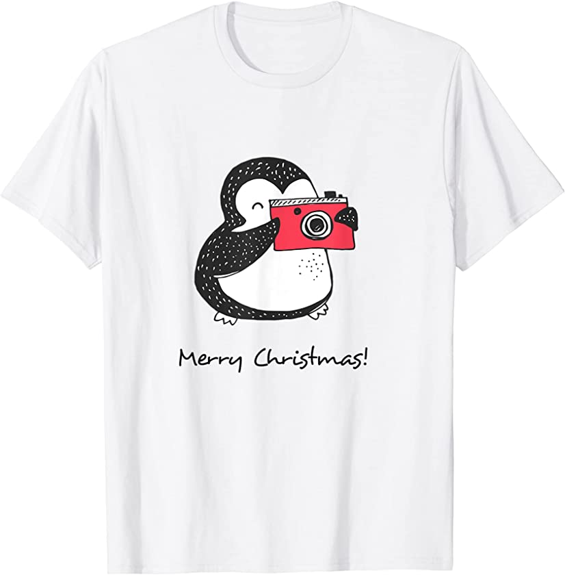 Merry Christmas Cute Baby Penguin Taking Photos w Camera T-Shirt