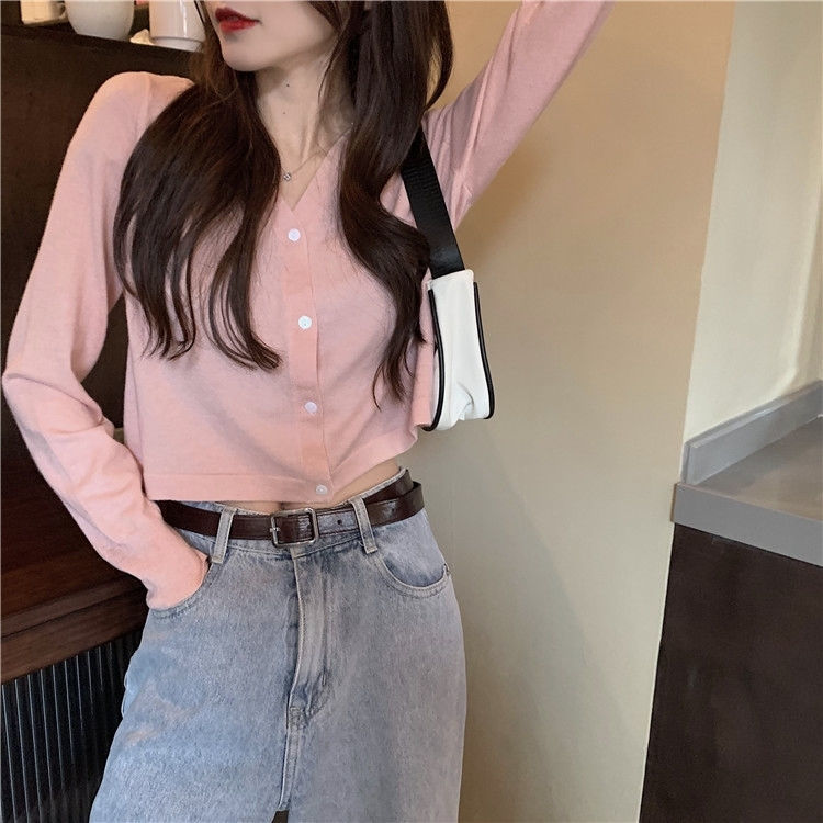 V-neck Purple Cardigan Women Solid Stretchy Long Sleeve Crop Tops Knitting Leisure Elegant Lady Sunscreen Sweaters Ulzzang Chic alx