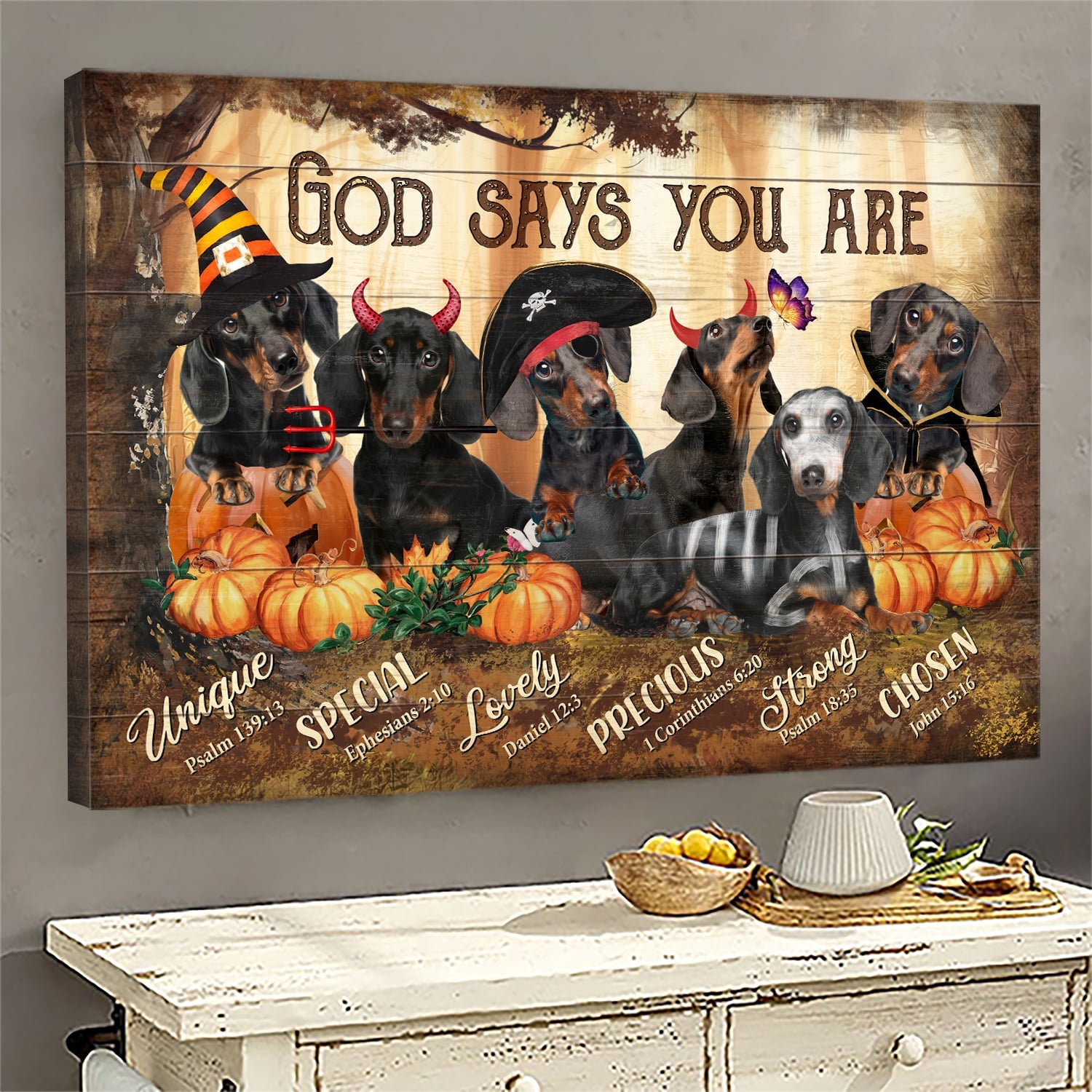 Jesus – God Says You Are – Dachshunds In Halloween Costumes Landscape Canvas Prints, Wall Art