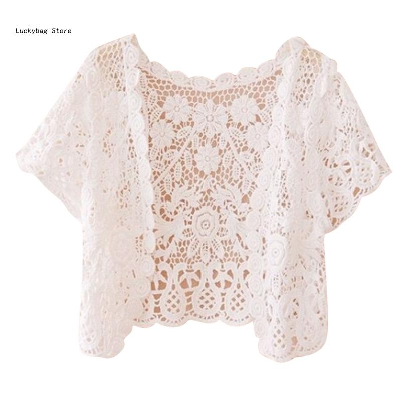 Womens Lace Shrug Cardigan with Short Sleeve Elegant Sheer Crochet Floral Open Front Crop Jackets for Evening Dresses alx