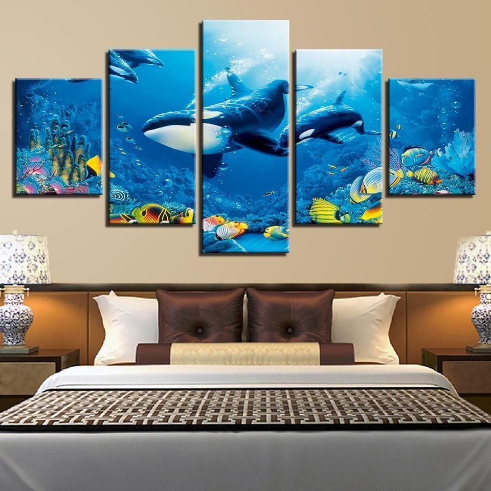 Deep Blue Ocean Whale Goldfish Animal 5 Panel Canvas Art Wall Decor