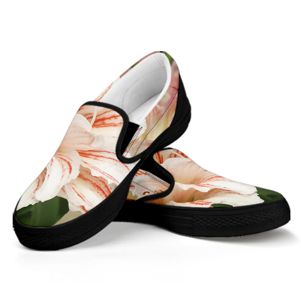 White And Pink Amaryllis Print Black Slip On Shoes