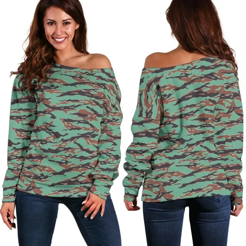 Army Guyana Tiger Stripe Camouflage Seamless Womens Off Shoulder Sweater Rlt8