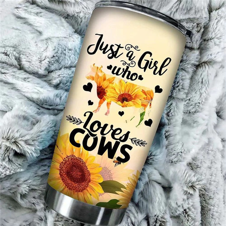 Cute Sunflower Cow Tumbler, Just A Girl Who Loves Cows Stainless Steel Tumbler, Cow Tumbler Lovers, Tumbler Gifts For Cow Lovers