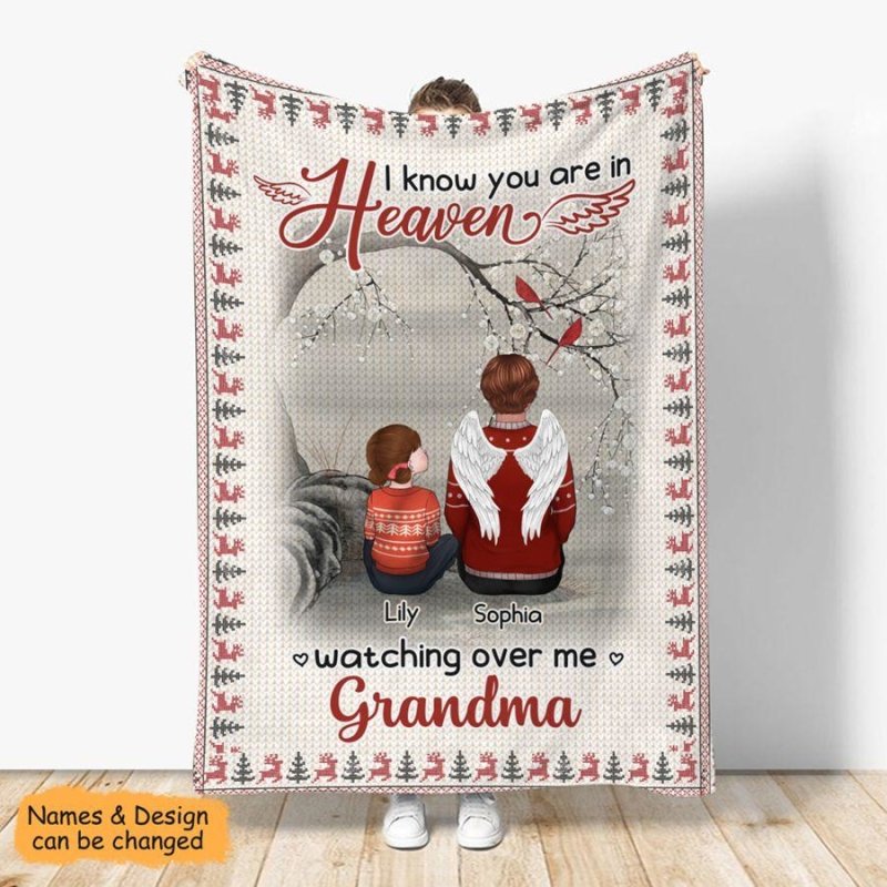 Kid And Angel Grandparents Tree Personalized Christmas Blanket