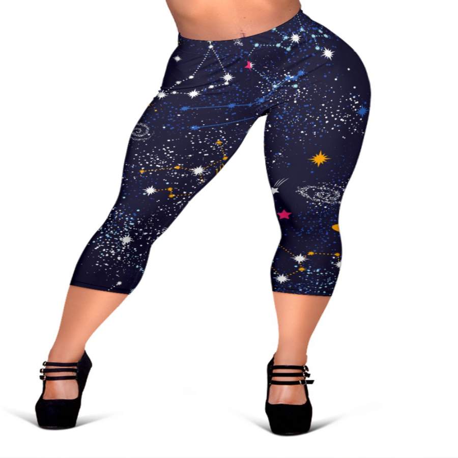 Zodiac Star Signs Galaxy Space Print Women’s Capri Leggings