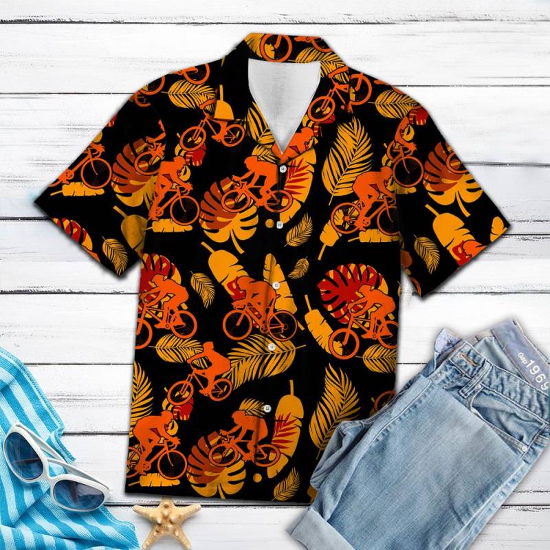 Biking Orange Flower Pattern Hawaii Shirt Ha57454