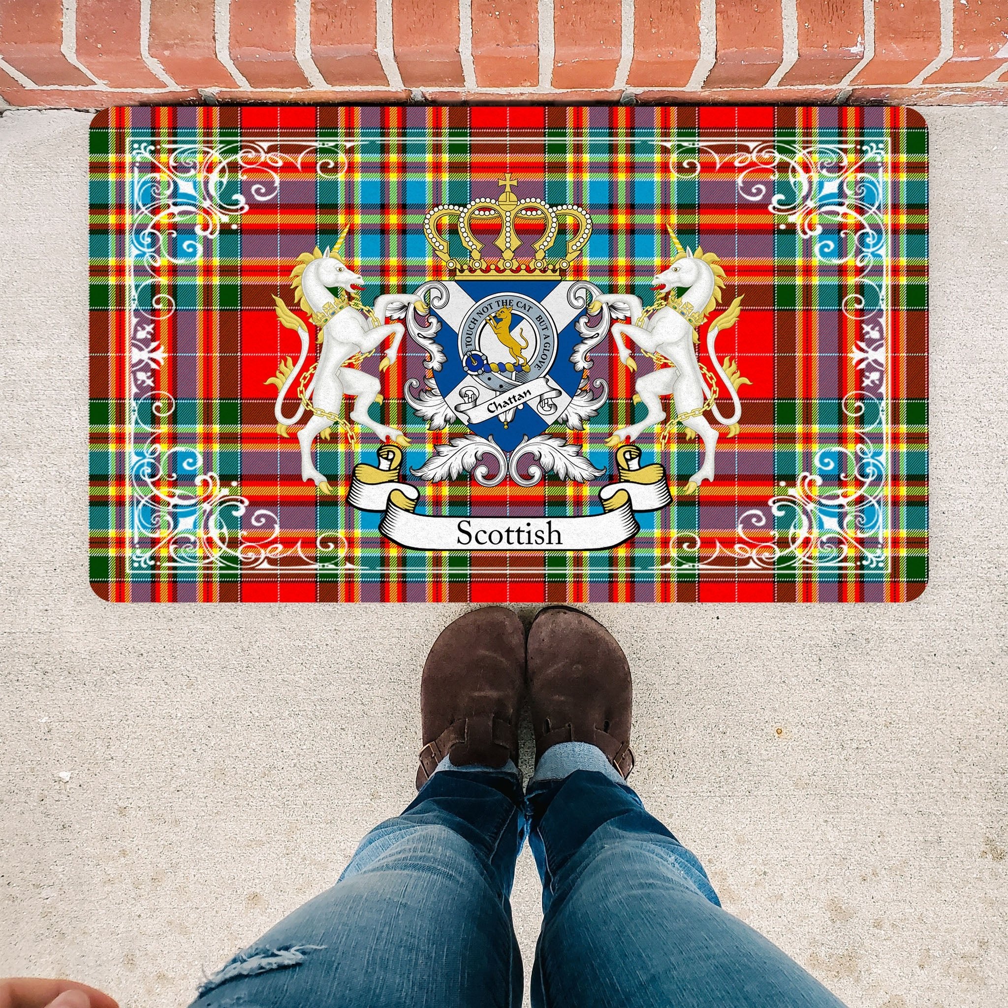 Scotstee Shop Tartan Door Mat Chattan Modern Clan Badge Tartan Scottish Plaid Doormat, Christmas Door Mat