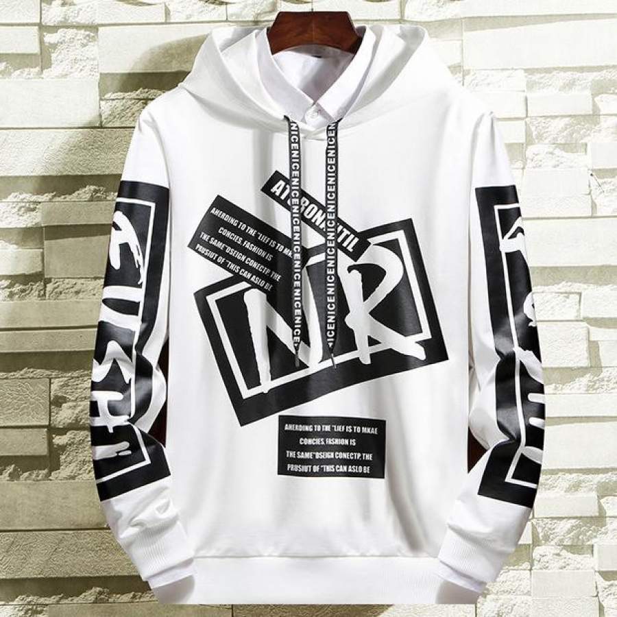 Mens Spring and Fall Long Sleeve Letters Printed Hooded Sweatshirt Casual Sports White Black Hoodies