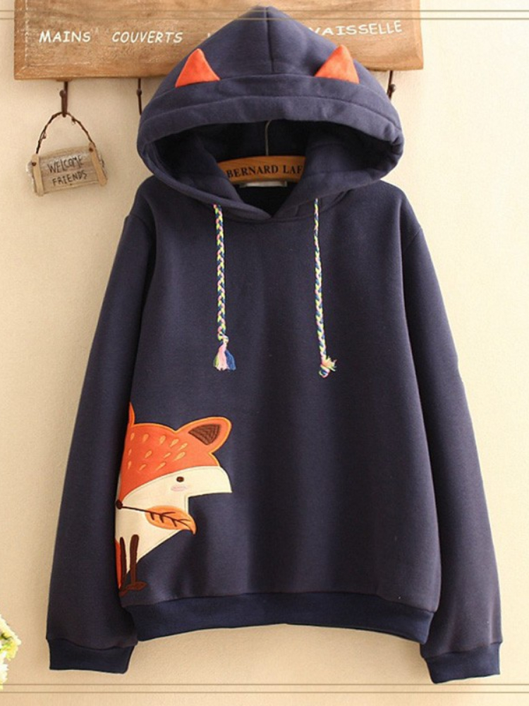 Autumn Cute Fox Embroidered Hooded Sweatshirt Women Clothing Pullovers Plus Velvet Patchwork Female Sweet Thick Warm Hoodies alx