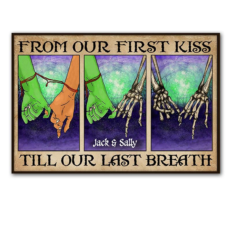 Personalized Skull Couple From Our First Kiss Custom Poster, Married Skeleton, Halloween Love Wall Art