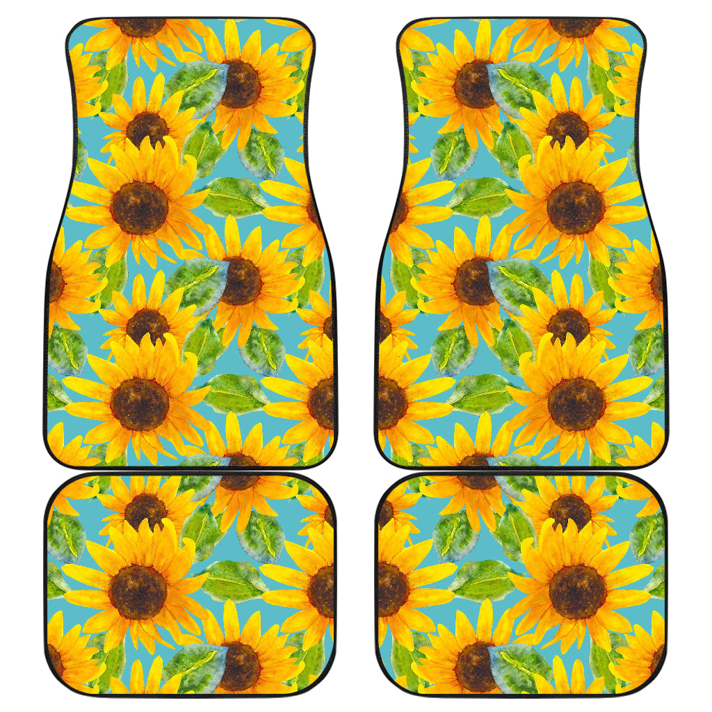 Blue Watercolor Sunflower Pattern Print Front And Back Car Floor Mats, Front Car Mat