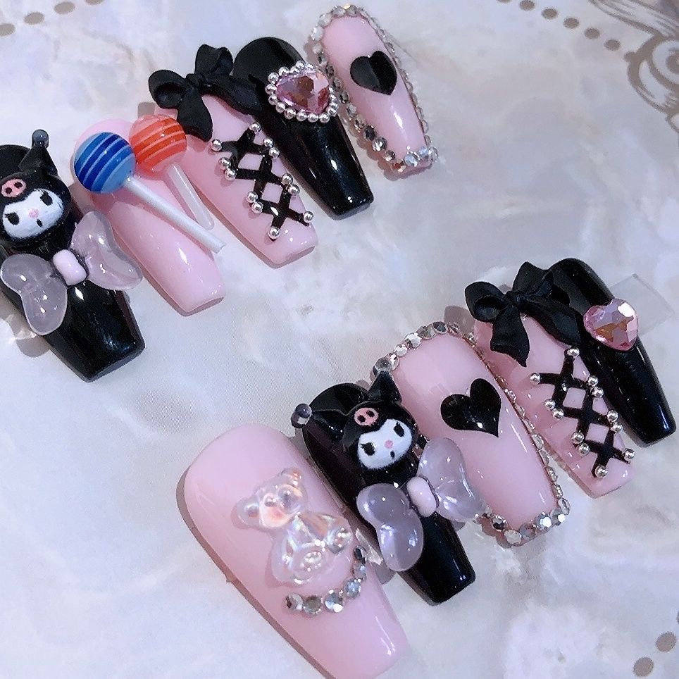 Black and pink Kurommii Press On Nails/Black Anime Kawaii Fake Nails/Y2k nails/Japanese Cute Nails/ Reusable Fake Nails/girdling Nails #54