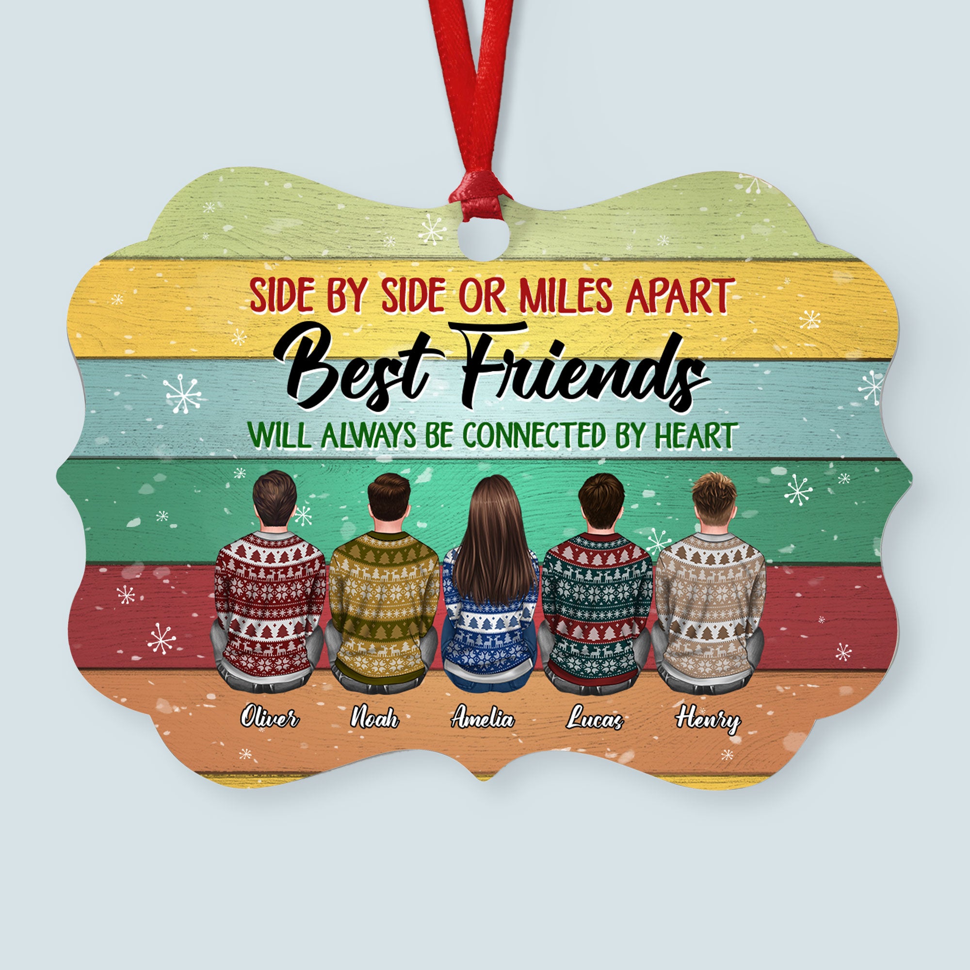 Best Friends Will Always Be Connected By Heart – Personalized Aluminum Ornament – Christmas Gift Friends Ornament For Besties – Ugly Christmas Sweater Sitting