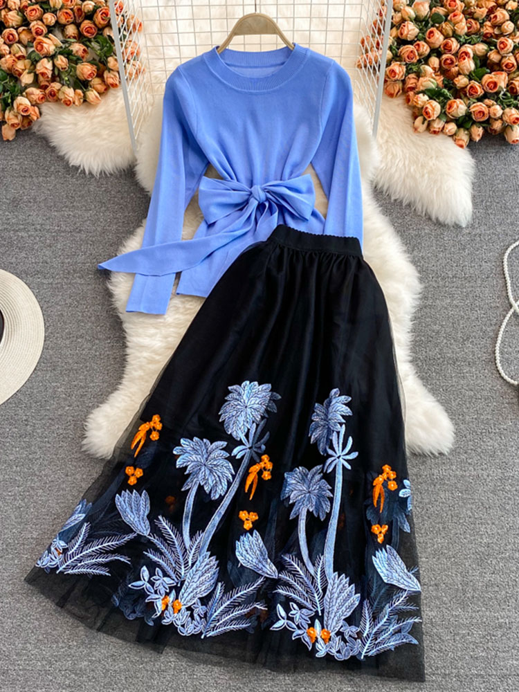 Autumn Spring Blue Knit Tops and Embroidery A-line Midi Skirt Two piece Sets Women Runway Design Fashion Knit Set Suit M69511 alx