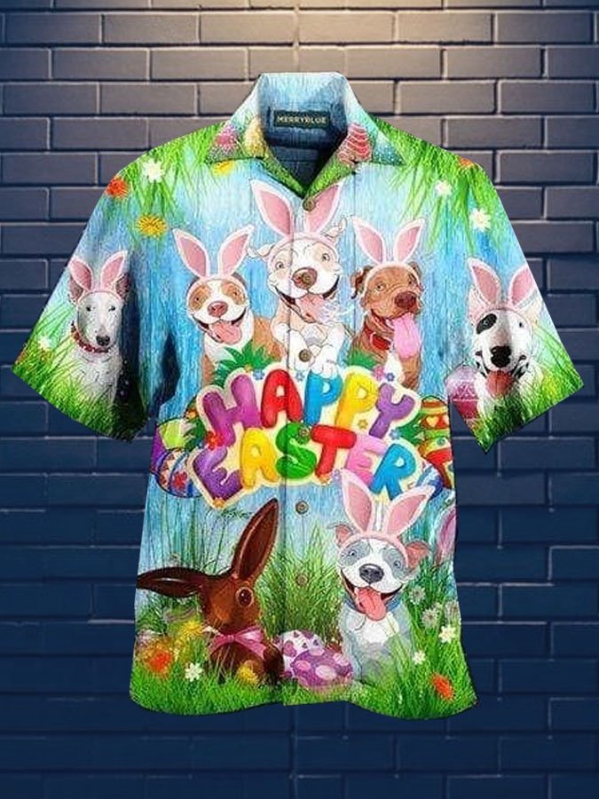 Happy Eater Bulldog Easter Bunny Tiara Print Short Sleeve Hawaii Shirt Ha4319