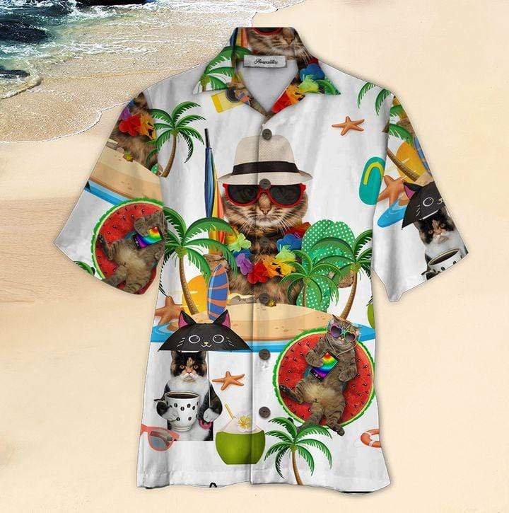 Cat Enjoy Summer Unisex Hawaii Print Aloha Short Sleeve Casual Shirt Ha15155