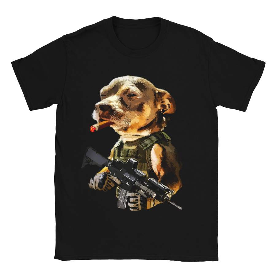 Army Pitbull Cigar Badass T-Shirt Men Gift Idea Military Dog Warfare 100% Cotton Short Sleeve Tee Shirt Clothing Holiday Gift Birthday