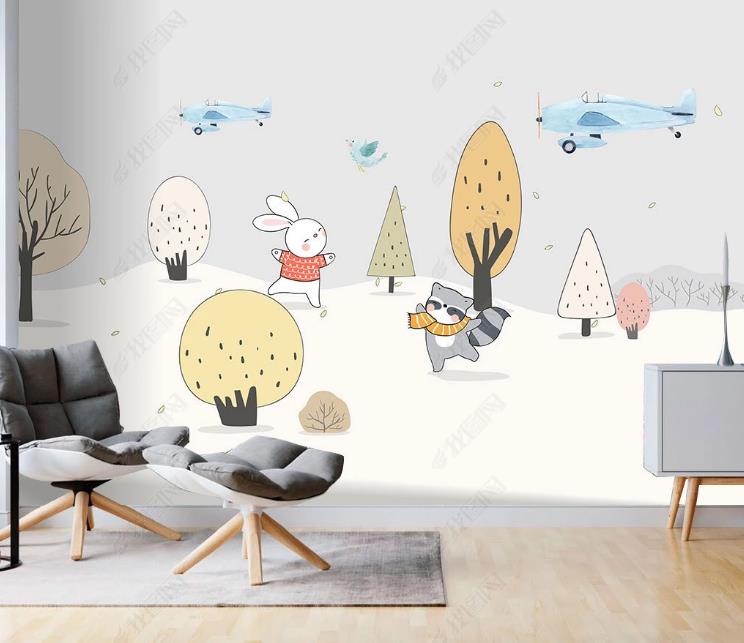 3D Northern Europe Hand-Painted Cartoon Woods Animal Airplane Wall Mural Wallpaper Sww1581