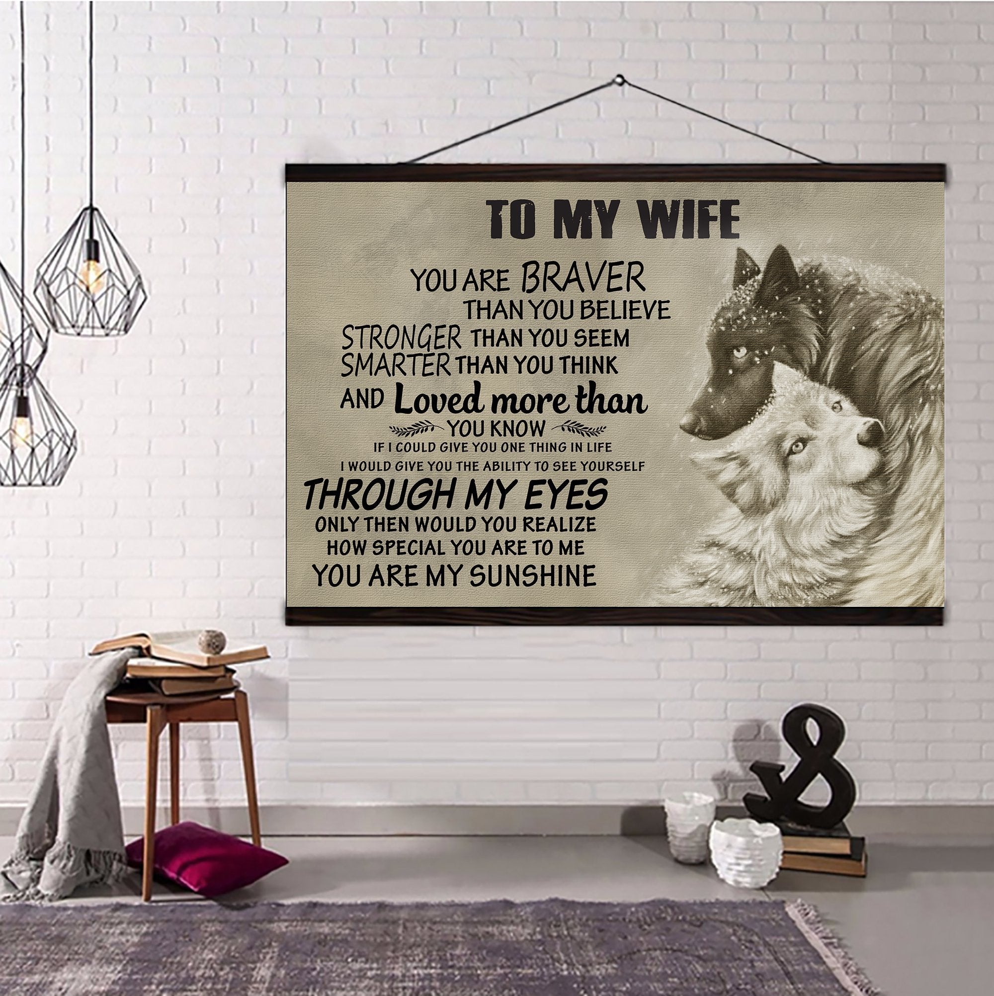 Wolf Hanging Canvas To Wife You Are Braver Version 2 Wall Decor Visual Art