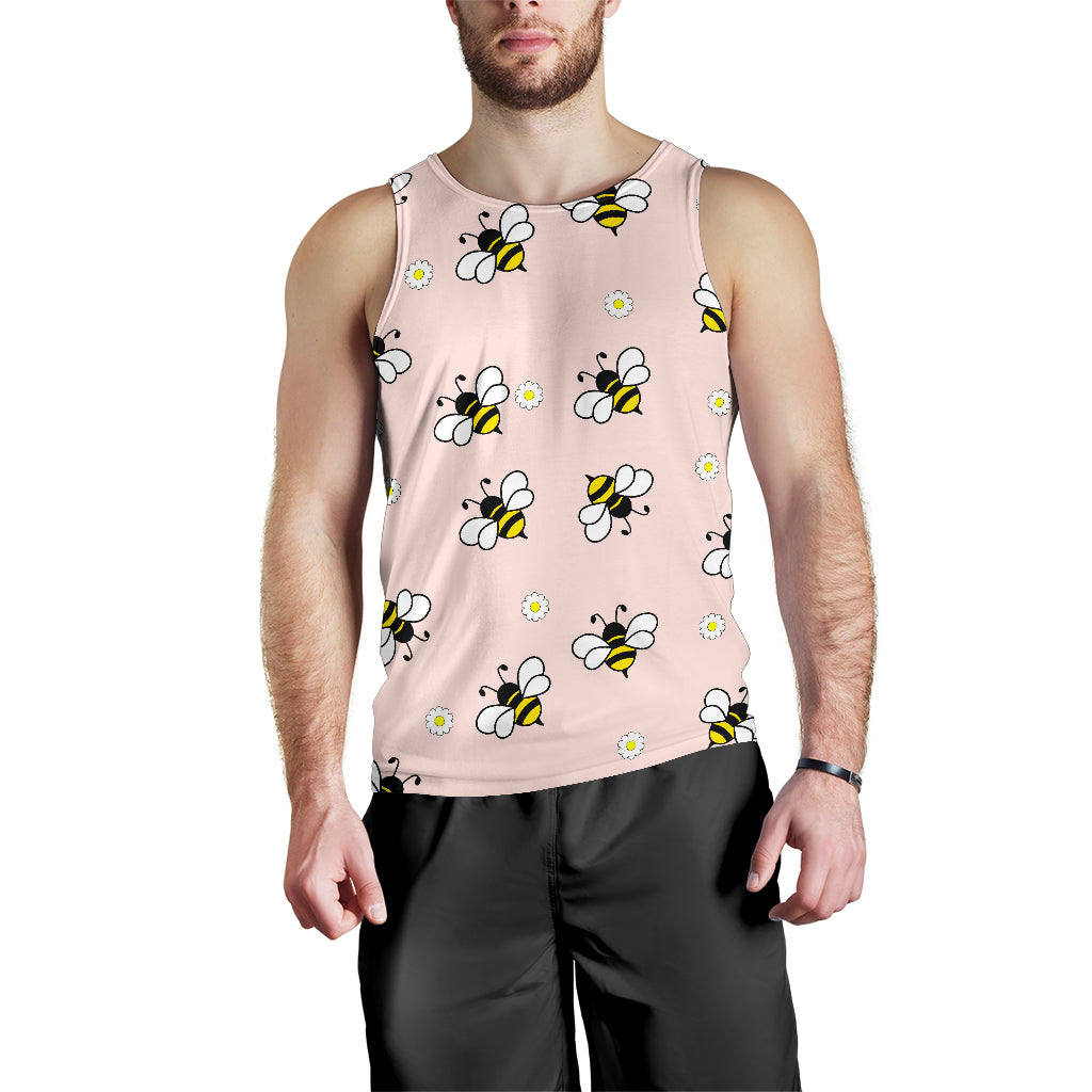 Cute Bee Flower Pattern Pink Background Men Tank Top