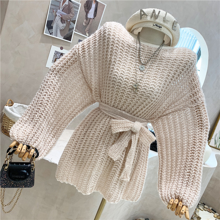 Sweet Mid-length Pullover Women Autumn Winter Korean Style Hollow Bubble Long-sleeved Waist Belted Knitted Sweater Top alx